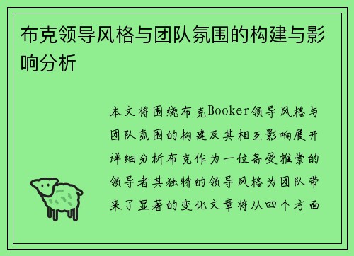 布克领导风格与团队氛围的构建与影响分析