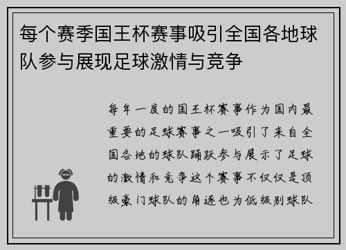 每个赛季国王杯赛事吸引全国各地球队参与展现足球激情与竞争
