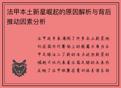 法甲本土新星崛起的原因解析与背后推动因素分析 法甲本土新星崛起的原因解析与背后推动因素分析